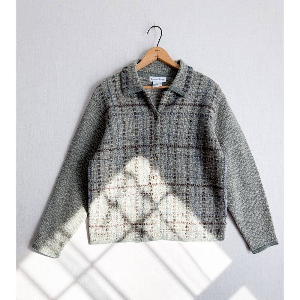 Robert Scott Womens Lambswool Plaid Cardigan Sweater Sage Green Size M Vintage‎
